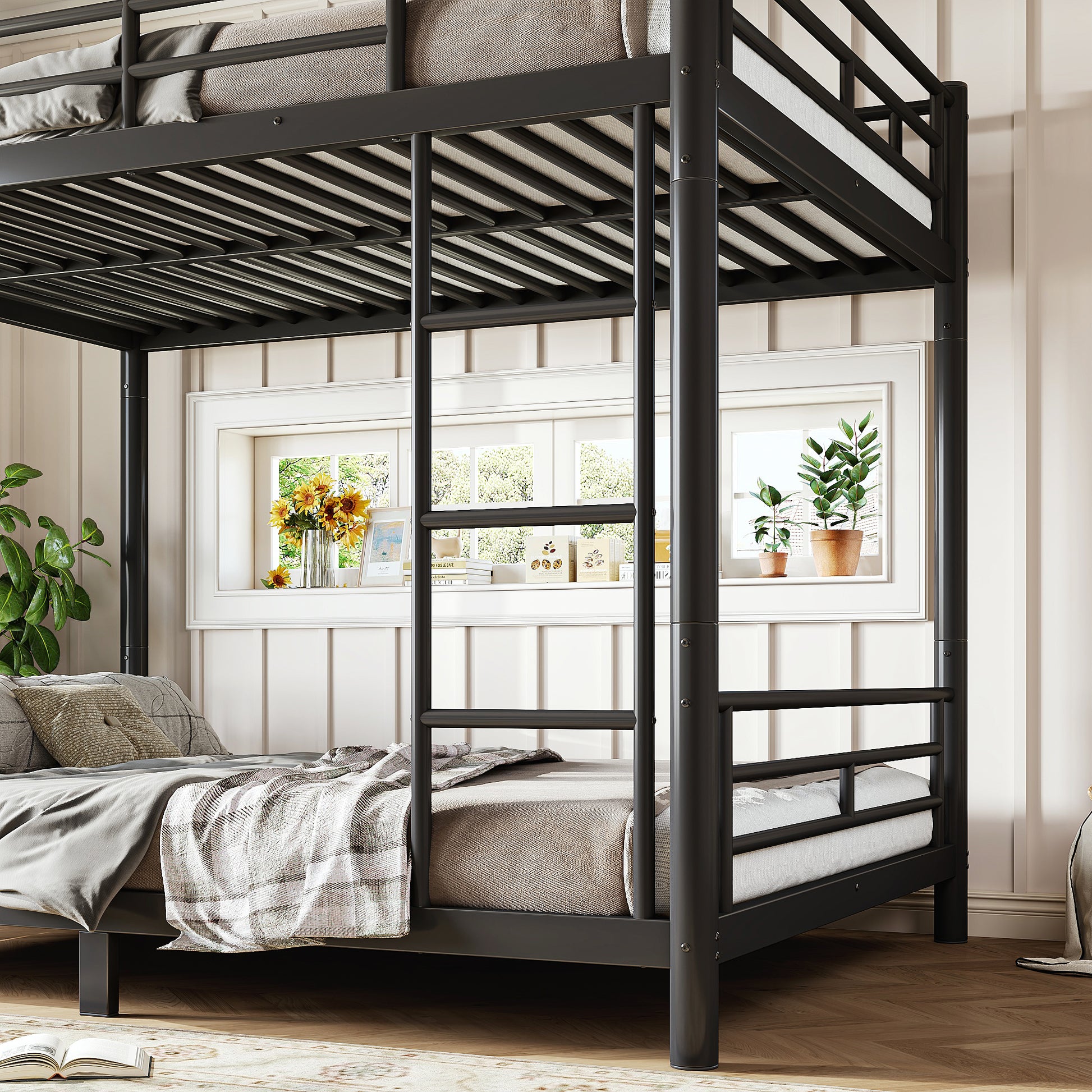 variant-group:rf-w1580p454730|Roomfitters Full over Full Metal Bunk Bed Frame for Teens Adults, Convertible 2 Separate Beds Round Tube, Black