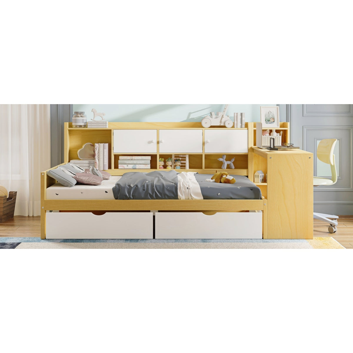 Roomfitters Wooden L-Shape Daybed with Seven Storage Cabinets and Two Storage Compartments, Multi-functional Bed with Study Desk and Built-in Bookshelf, Natural+White