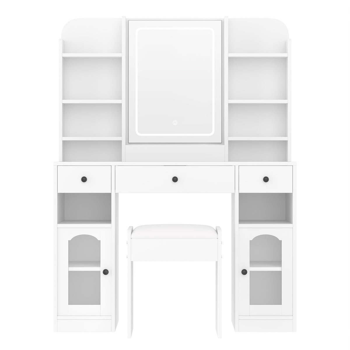 variant-group:rf-n704p407114k|Roomfitters 43.2" Makeup Vanity Desk with LED Lighted Mirror, Glass Door Cabinets, Charging Station and Stool, White