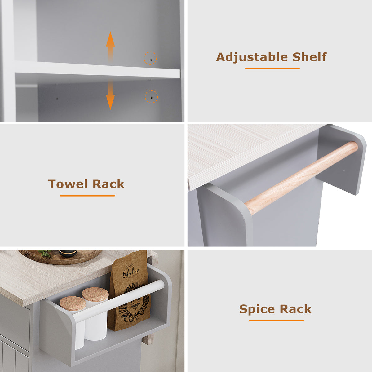 variant-group:rf-n707wf326381aag|Roomfitters Kitchen Island with Trash Can Storage Cabinet, Grey - Drop Leaf, Spice Rack, Towel Rack, Drawer, Adjustable Shelf, Rolling Island on Wheels, Grey