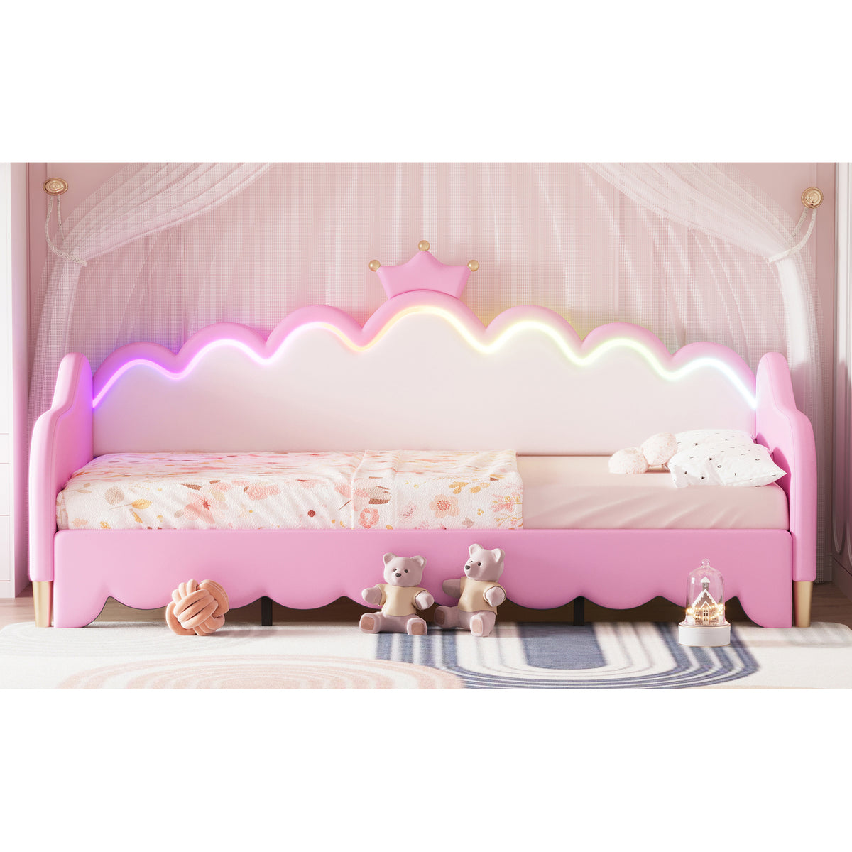 variant-group:rf-n733hl000104aah|Roomfitters Twin Extending Daybed with Lights, Modern Upholstered Princess Daybed Featuring Crown Headboard, Elegant and Practical Design, Pink