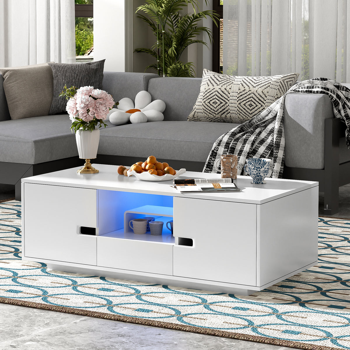 variant-group:rf-n724p294656k|Roomfitters Modern Glossy Coffee Table with Storage Space and Light Accent, Rectangle Center Table for Living Room, White