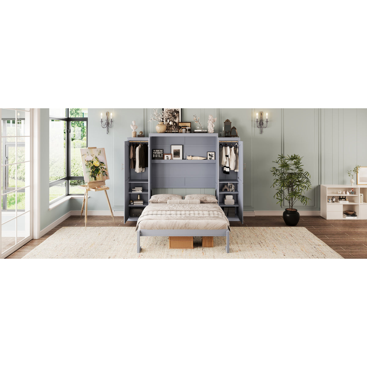 variant-group:rf-n733s235596e|Roomfitters Full Murphy Wall Bed with Two Wardrobes and Storage Shelf, Foldable Platform Bed Frame for Guest Room, Gray