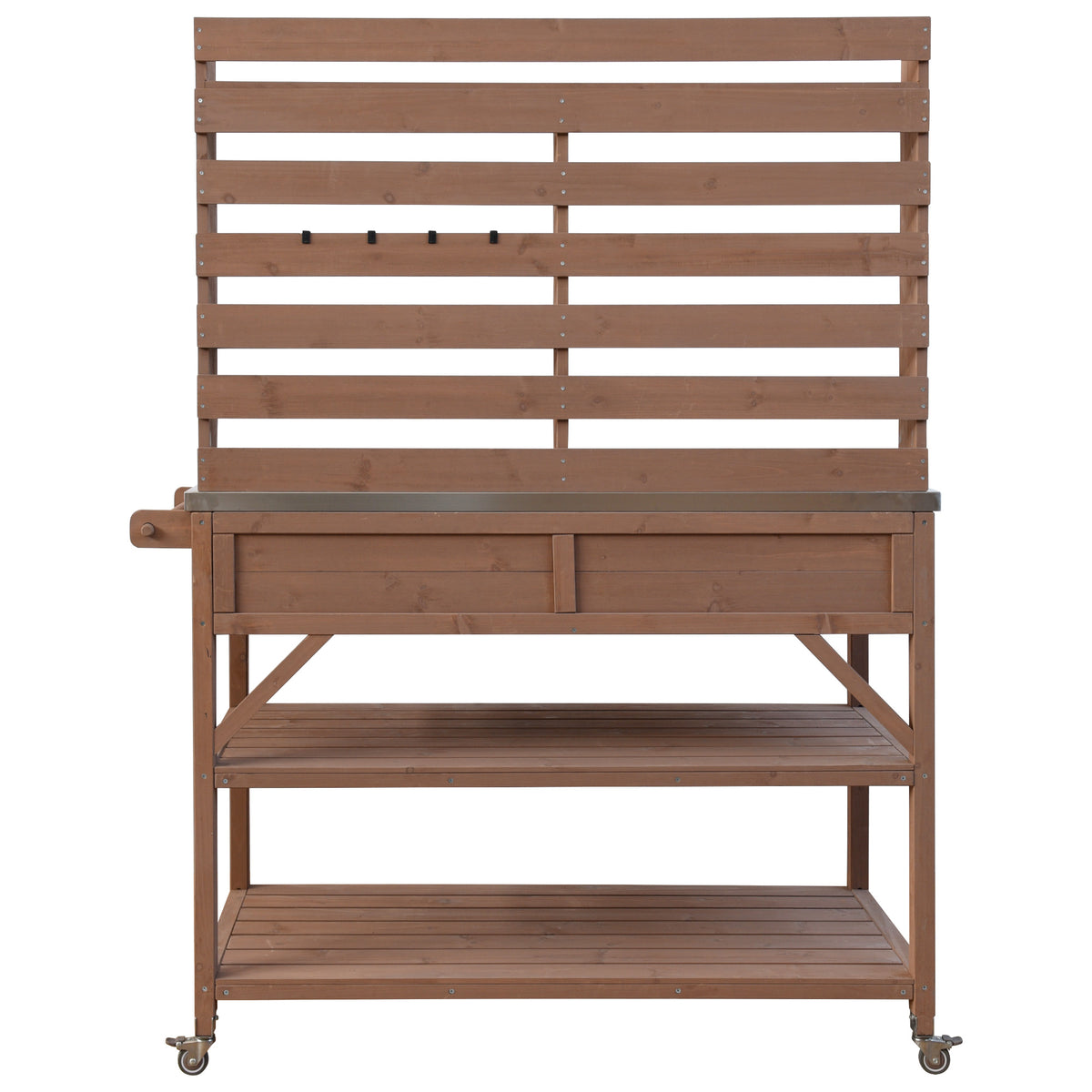 variant-group:rf-n707p228274z|Roomfitters 64.9" Outdoor Potting Bench Table, Rolling Kitchen Island with Hutch, Stainless Steel Top, Storage, Brown