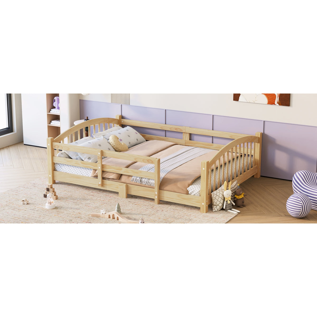 variant-group:rf-n733p400299n|Roomfitters Full Montessori Floor Bed with Guardrails, Solid Wood Low Platform Bed with Slats, Easy Assembly, Natural