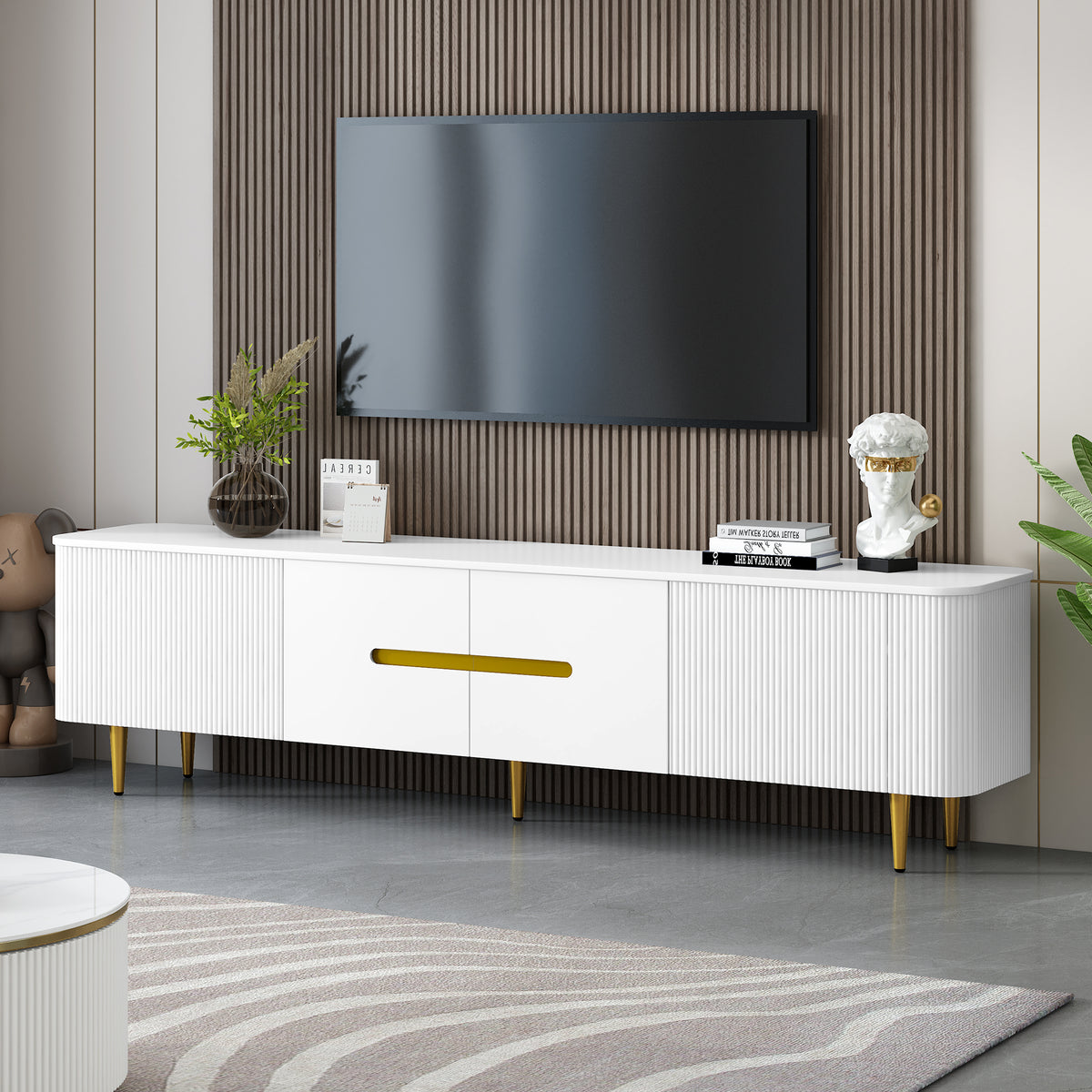 variant-group:rf-n724sj000143aak|Roomfitters Minimalist TV Stand for up to 85 Inch TV, Entertainment Center with Four Spacious Cabinets, White