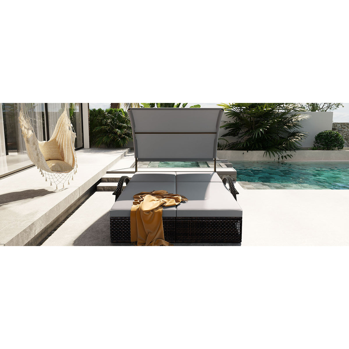 variant-group:rf-n711wy000485aae|Roomfitters Slate Grey HDPE Wicker Outdoor Double Sunbed, Steel Frame Patio Chaise, Hidden Side Tables, Canopy