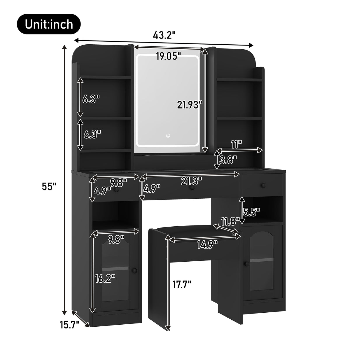 variant-group:rf-n704p407114b|Roomfitters 43.2" Makeup Vanity Desk with LED Lighted Mirror, Glass Door Cabinets, Charging Station and Stool, Black