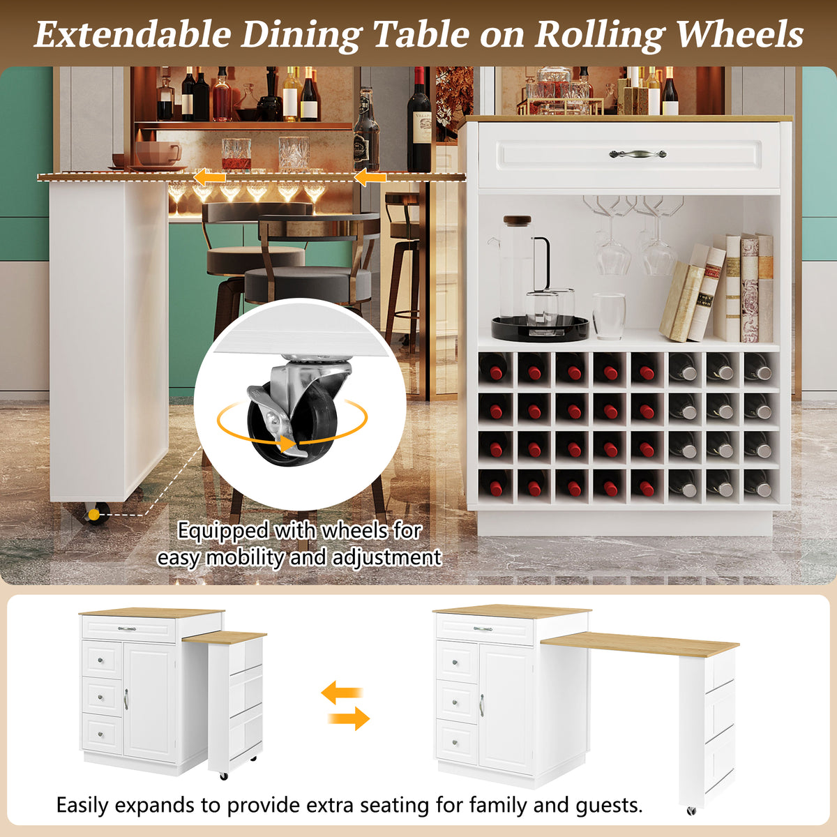 variant-group:rf-n711wy000493aak|Roomfitters White and Natural Wood MDF Extendable Bar Cabinet, Rolling Kitchen Island Table, Wine Rack Storage