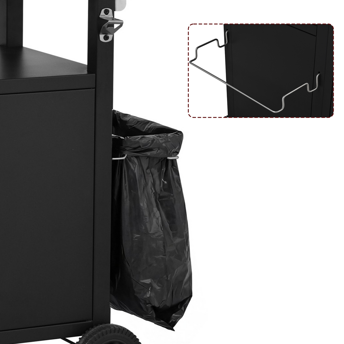 Roomfitters Grill Cart with Stainless Steel Top, Outdoor Kitchen Island, BBQ Prep Station with Trash Bag Holder and Hooks, Black