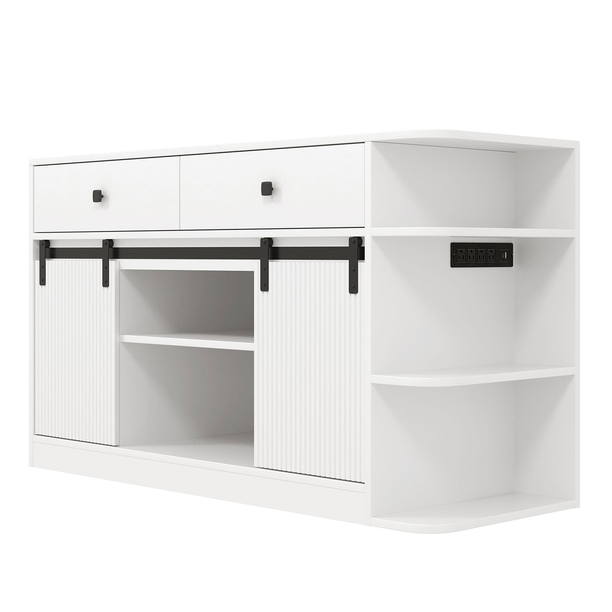 Roomfitters 75 Gallon Fish Tank Stand with Smart App RGB LED Lights Sliding Fluted Doors and Power Outlets White Roomfitters