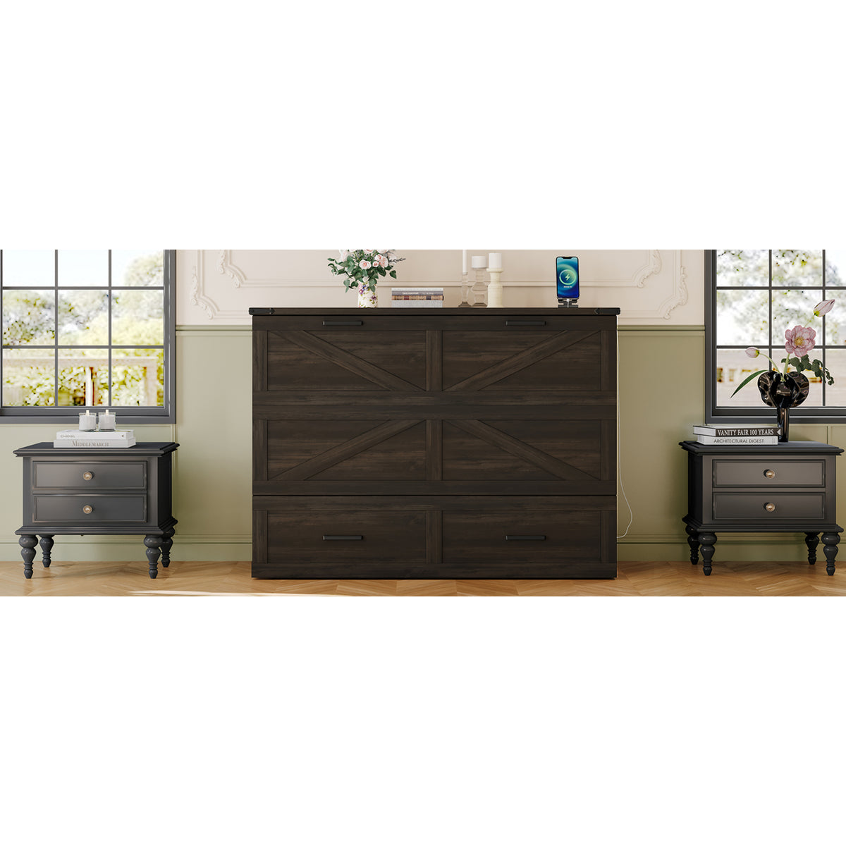 variant-group:rf-n733s237853g|Roomfitters Full Size Farmhouse Murphy Cabinet Bed with Charging Station, Foldable Platform Bed with Large Storage for Guest Room, Small Bedroom, Rustic Gray