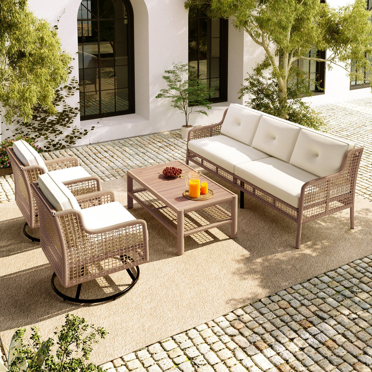 Roomfitters 4-Piece Patio Furniture Set with 360-Degree Swivel Rocking Chairs and Storage Coffee Table Beige Roomfitters