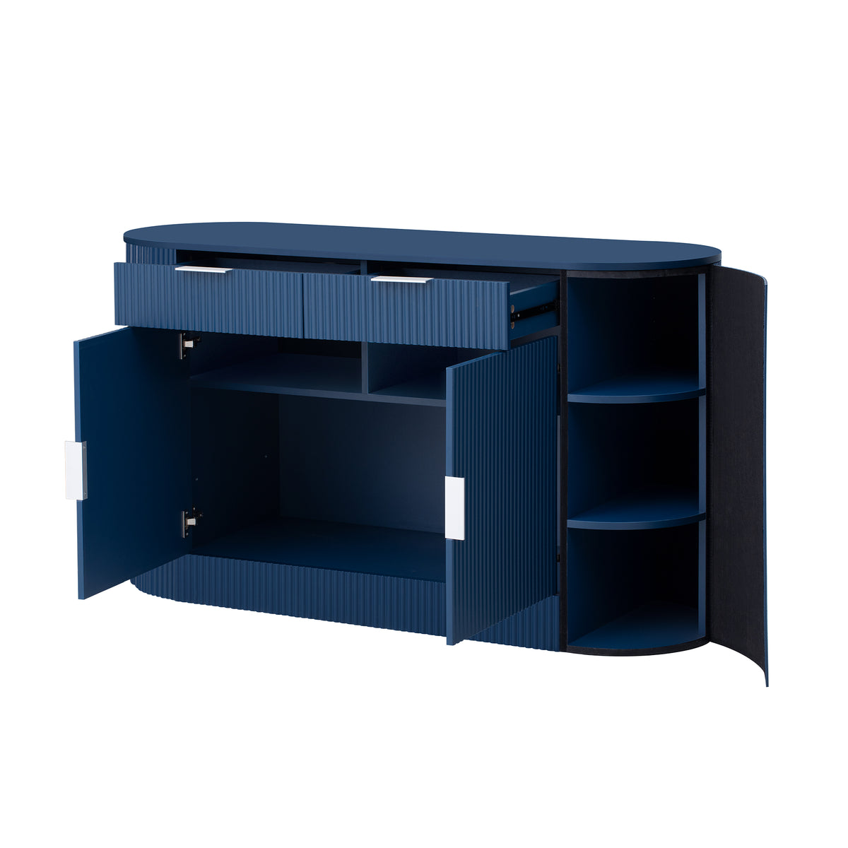 variant-group:rf-n711p345168v|Roomfitters 55.1" Oval Sideboard Buffet Cabinet with 2 Drawers & Wine Rack, Mid-century Modern Fluted Accent for Dining, Blue
