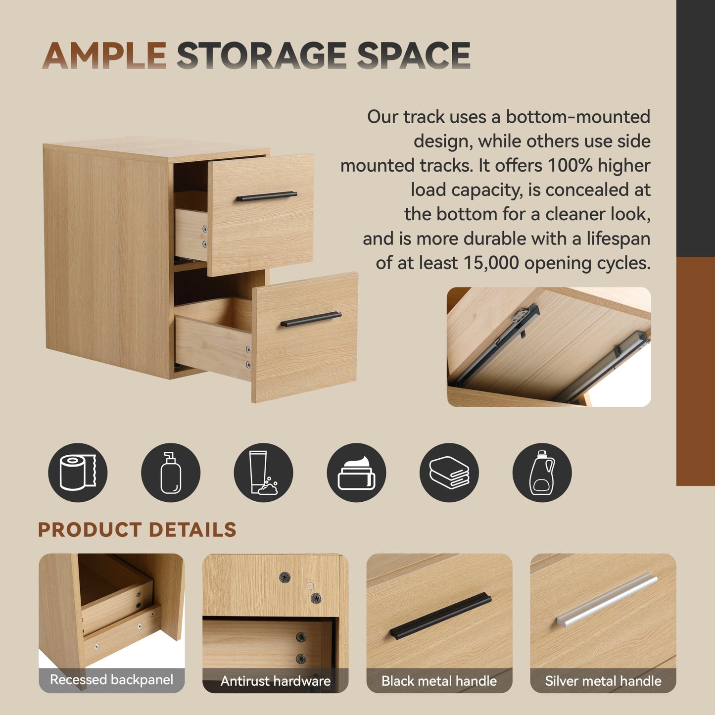 12" Floating Bathroom Vanity Drawer Base, Light Oak Plywood Cabinet, Wall-Mounted Storage with 2 Drawers & Black/Aluminum Handles (Sink Not Included) Roomfitters