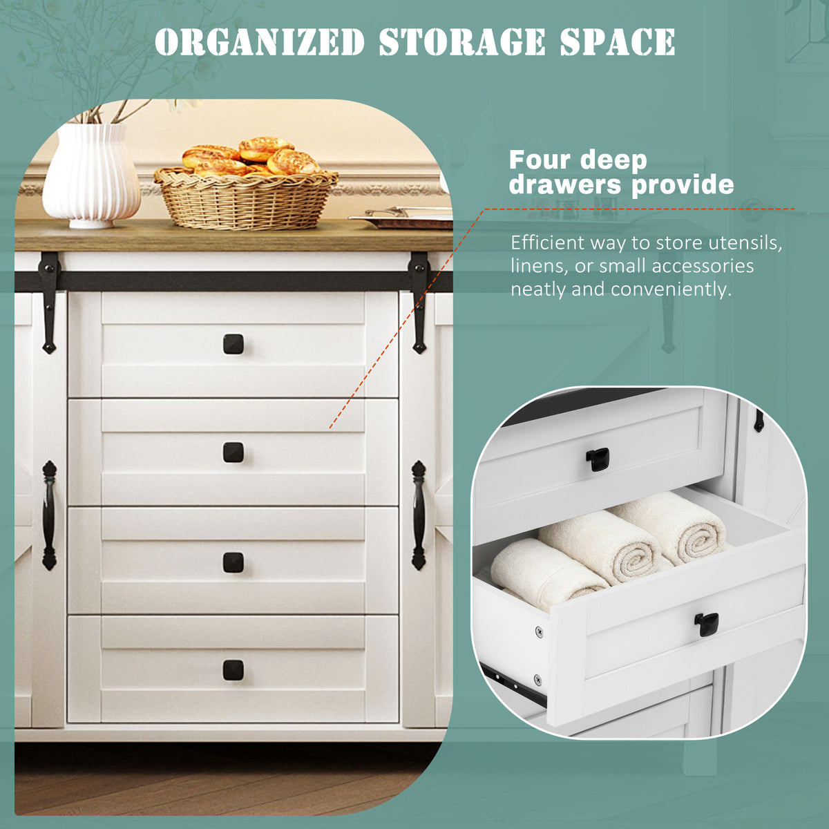 variant-group:rf-n711p347377k|Roomfitters 55.1" Storage Cabinet with 4 Drawers and Sliding Barn Doors, Farmhouse Sideboard Buffet for Kitchen & Dining, White