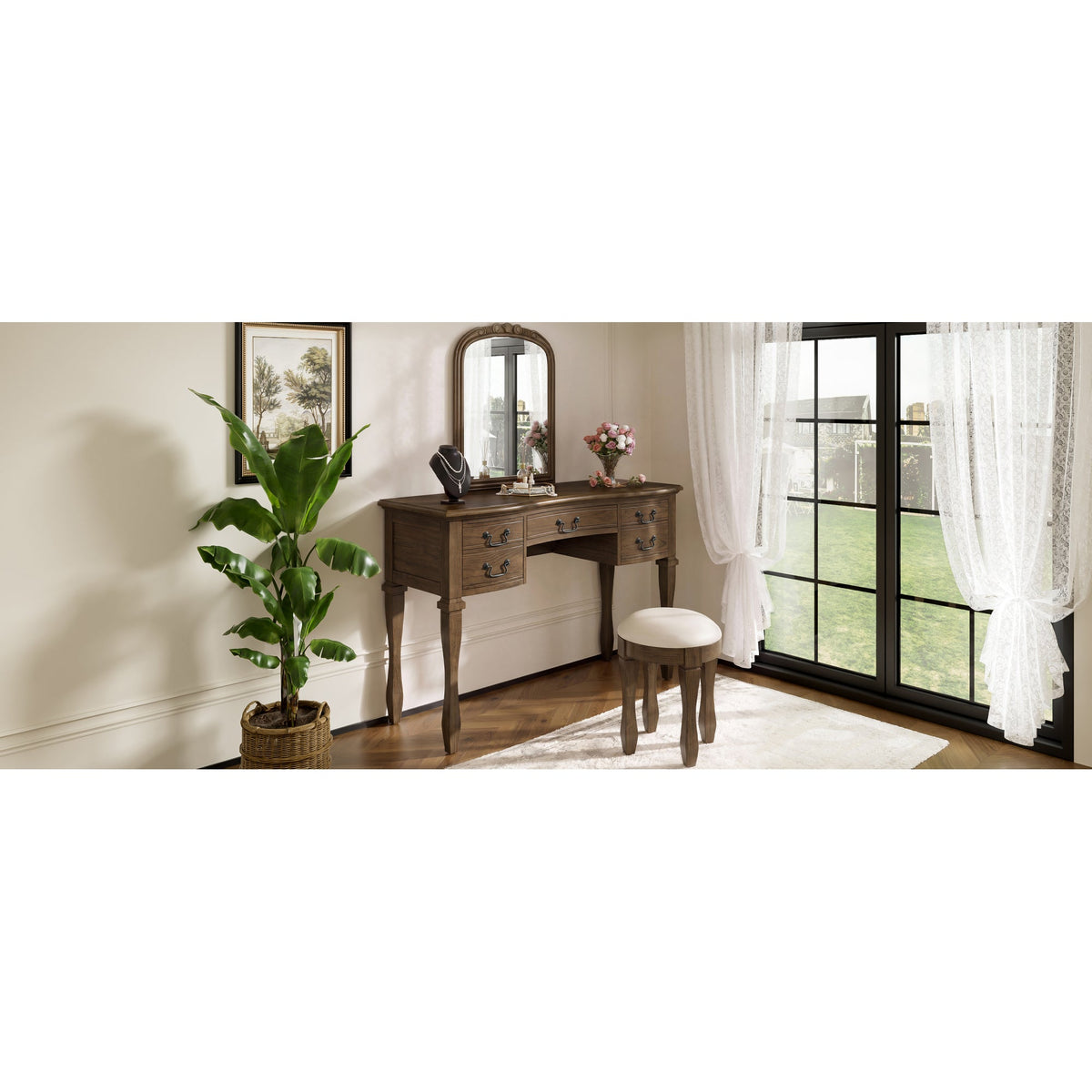 Roomfitters 46-Inch Vintage Makeup Vanity Table with Curved Flower Frame Mirror and Upholstered Leather Stool Espresso Roomfitters