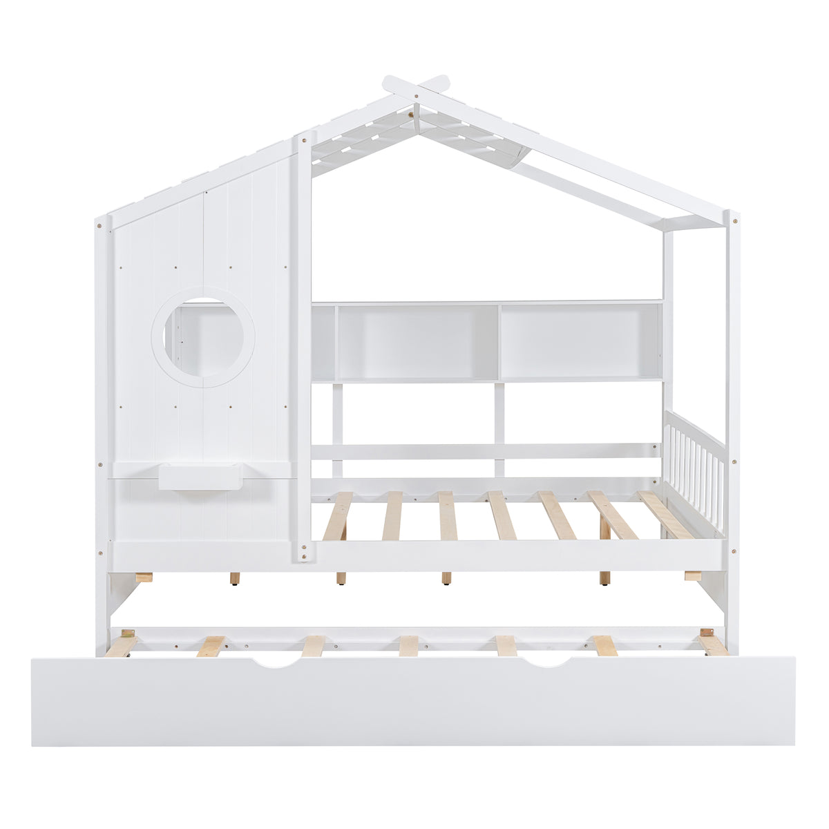 variant-group:rf-n733s316125k|Roomfitters Wooden Full Size House Bed with Trundle and Storage Shelf, White