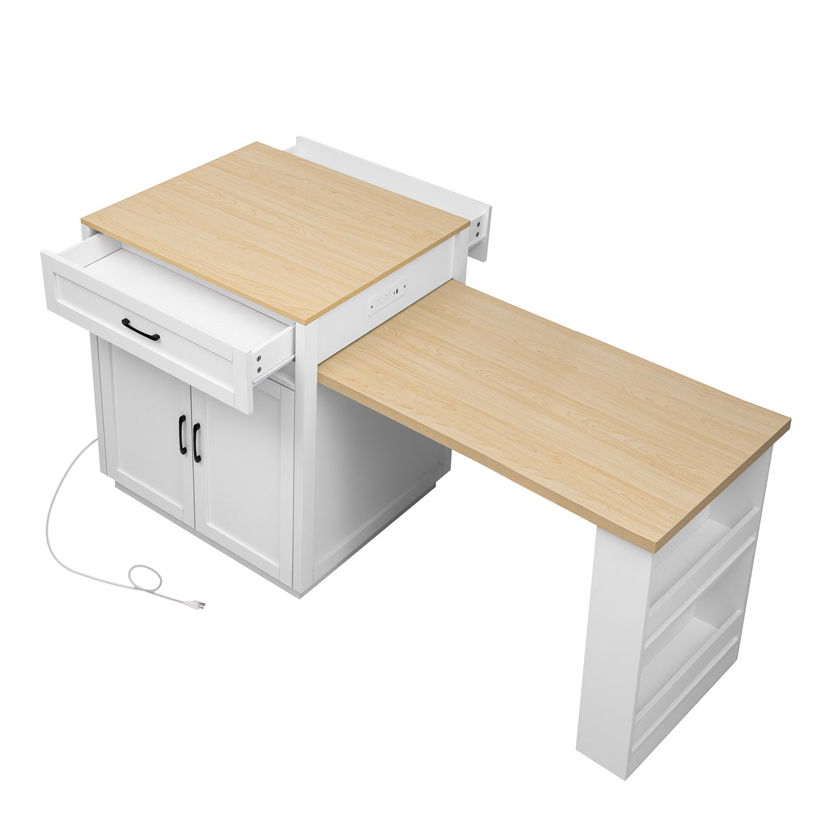 variant-group:rf-n707s000010w|Roomfitters 82.7" Kitchen Island with Extendable Table, Two-Tone Design, Double Storage, Power Outlet, White