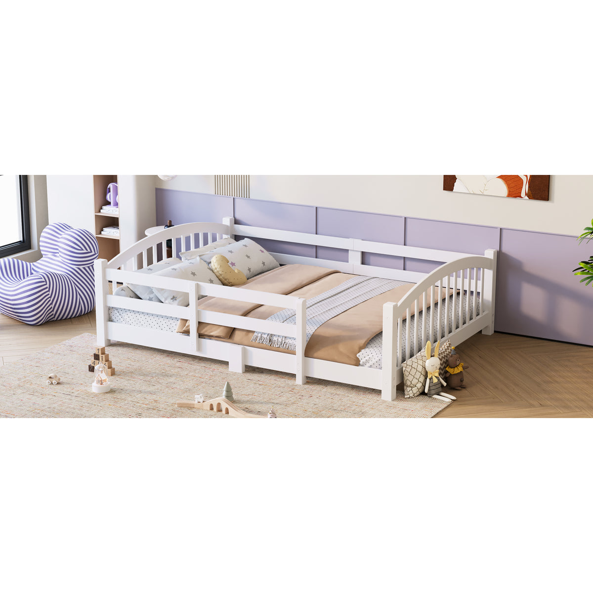 variant-group:rf-n733p400299k|Roomfitters Full Montessori Floor Bed with Guardrails, Solid Wood Low Platform Bed with Slats, Easy Assembly, White