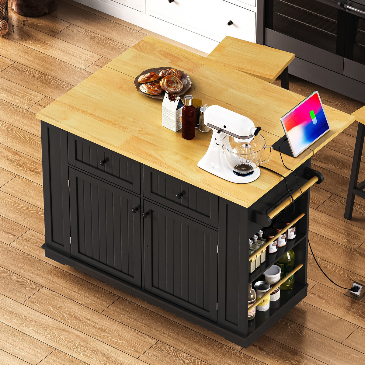 variant-group:rf-n707s257057b|Roomfitters 48" Kitchen Island with Power Outlet and Drop Leaf, Rolling Storage Cabinet with Wood Top and Spice Rack, Black