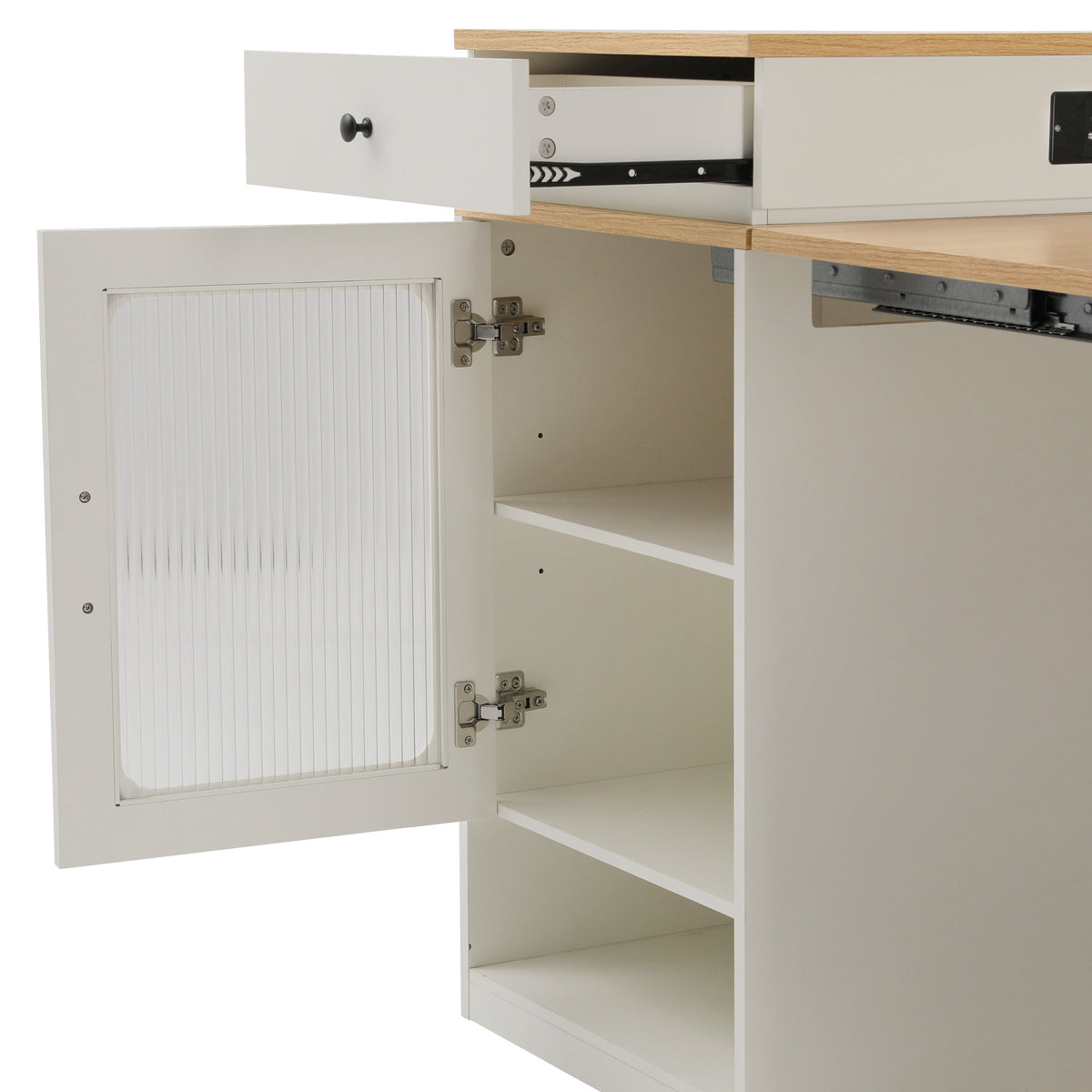variant-group:rf-n707s000017w|Roomfitters 59.5" Kitchen Island with 41.8" Extendable Dining Table, Double-Sided Storage, Power Outlet, 2 Drawers, White