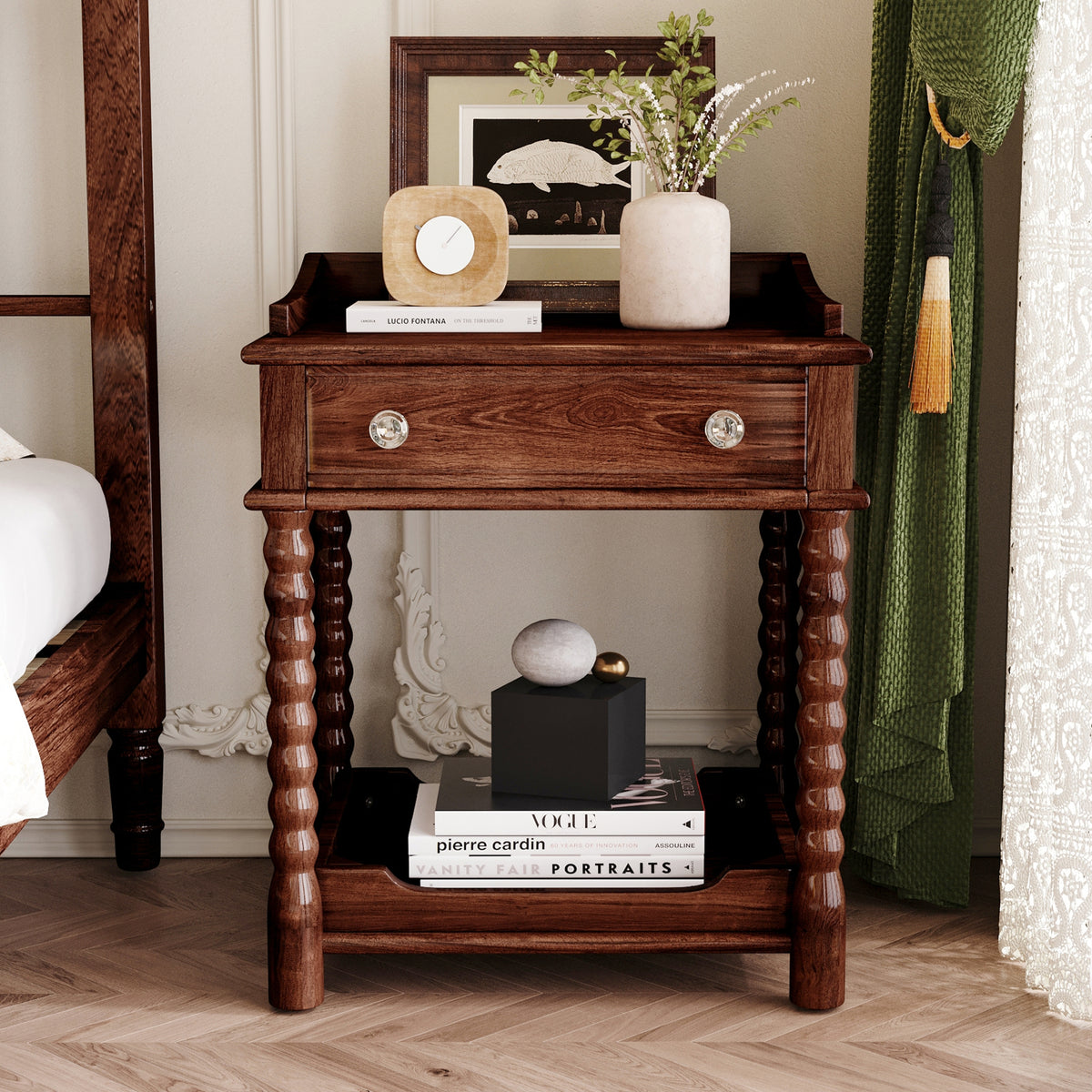 variant-group:rf-n733p206240d|Roomfitters Retro Style Bedside Table with Storage and Open Shelf, Turned Legs, and Metal Handle, Walnut
