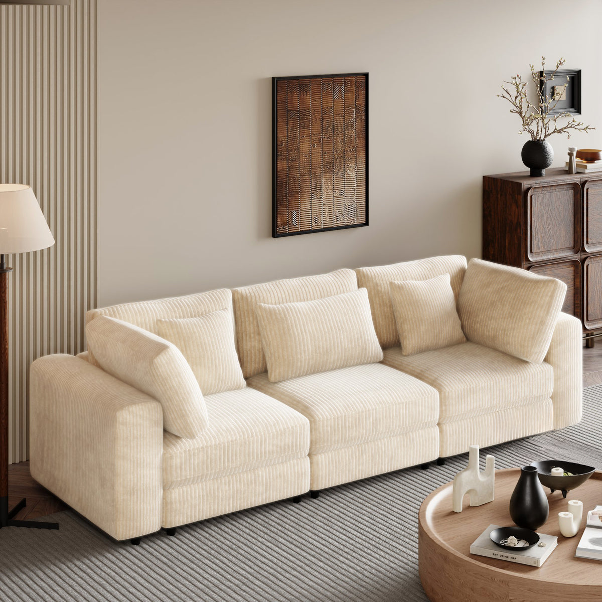 variant-group:rf-n711wy000403aaa|Roomfitters 105'' 3-Seater Sofa with Removable Back Cushions and 5 Pillows for Living Room, Apartment, Spacious Space, Beige