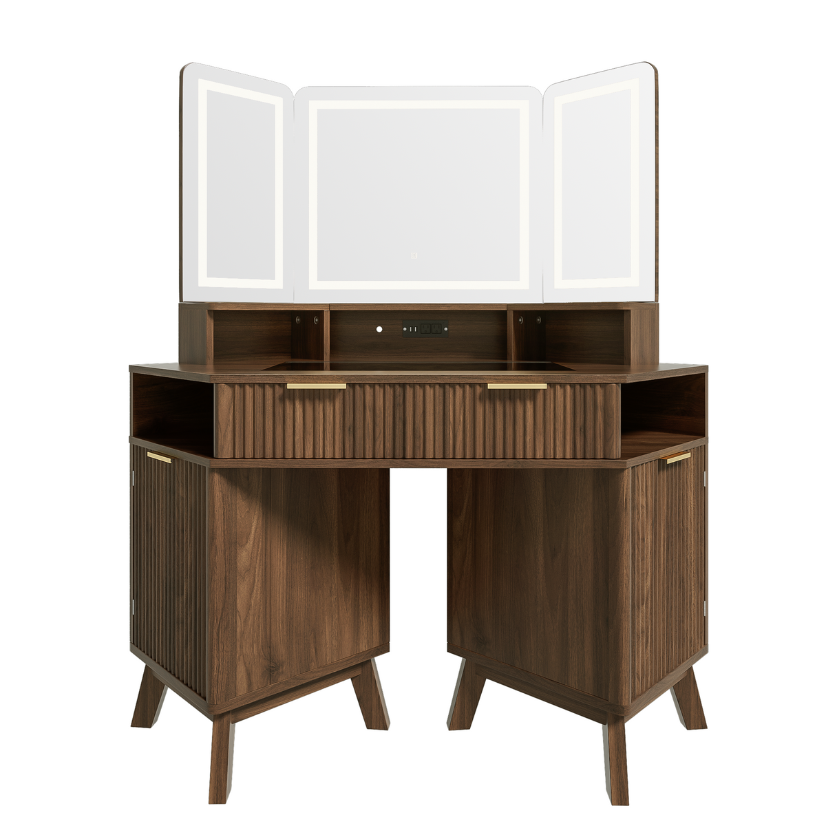 variant-group:rf-n704p392485p|Roomfitters 47.2" Corner Makeup Vanity Desk with 3-Panel LED Mirror, Glass Top, Charging Station and Storage Hutch, Walnut