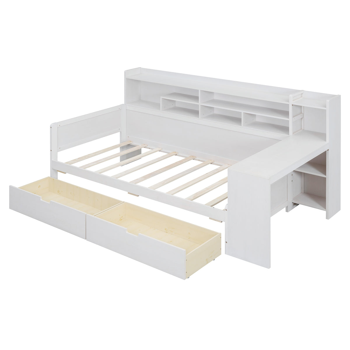 variant-group:rf-n733s241484k|Roomfitters Wooden Twin Size Daybed with Storage Shelves, Multi-functional Bed with Two Storage Compartments and Study Desk, Antique White