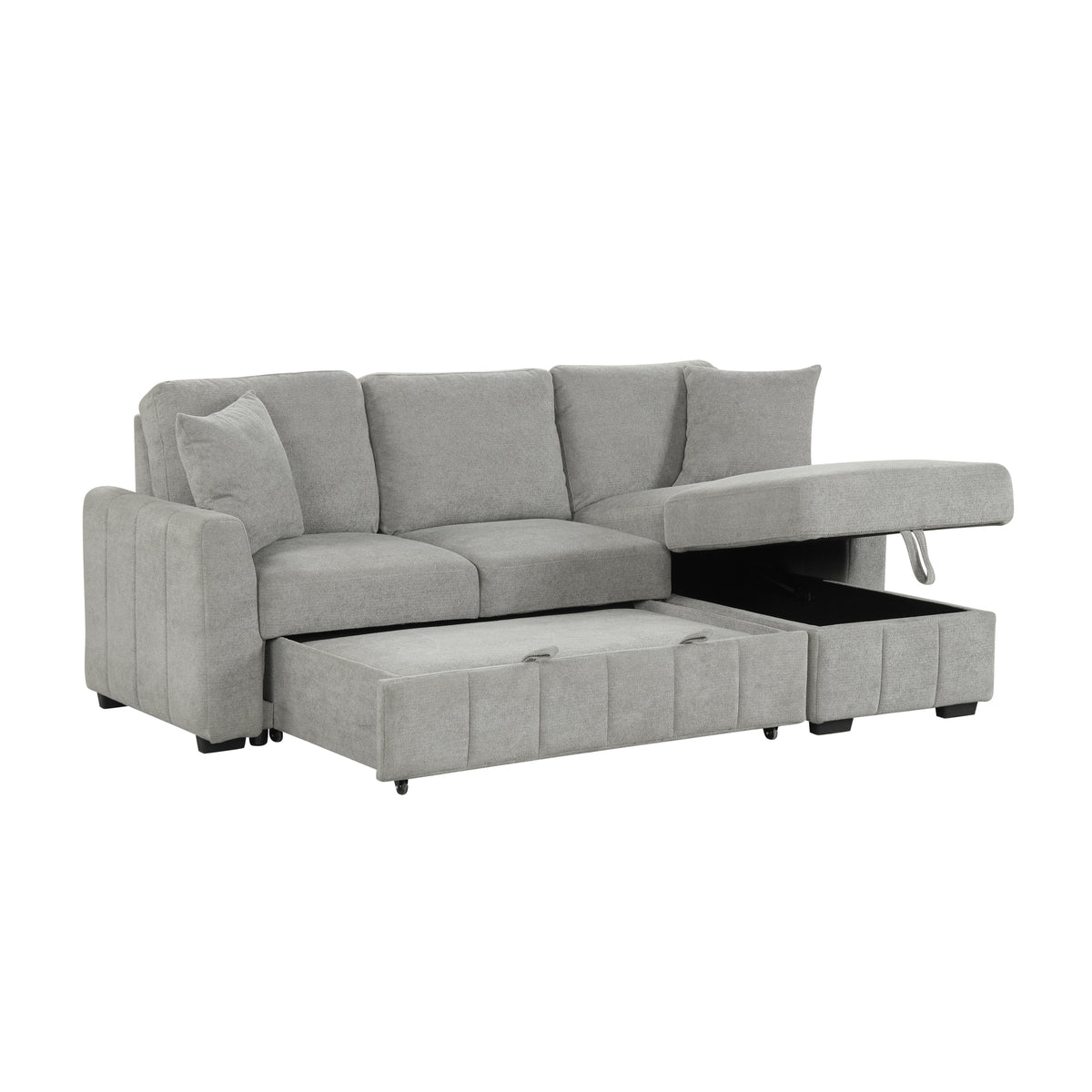 variant-group:rf-n711wy000467aae|Roomfitters 90" L-Shaped Sectional Sleeper Sofa with Storage Chaise and Pull Out Bed, Fold Down Cup Holder Table, Grey