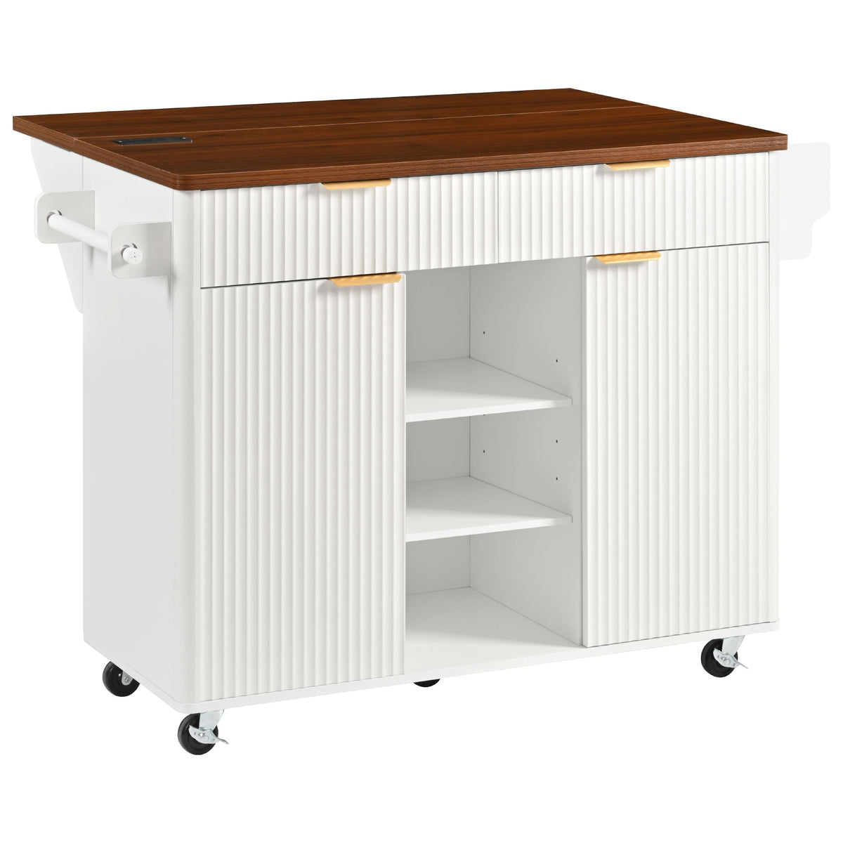 variant-group:rf-n707s000019w|Roomfitters 52" Fluted Kitchen Island with Drop Leaf, Power Outlet & Walnut Wood-Grain Top, White