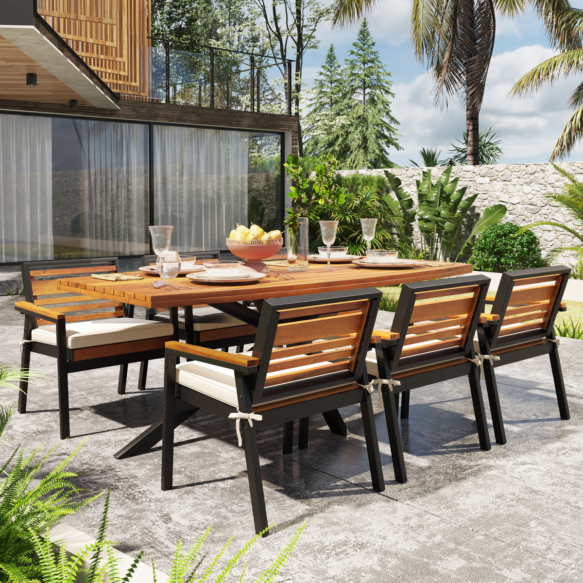 variant-group:rf-n704g201259a|Roomfitters Modern 7-Piece Patio Dining Set with Powder-Coated Iron Frame and Detachable Beige Cushions