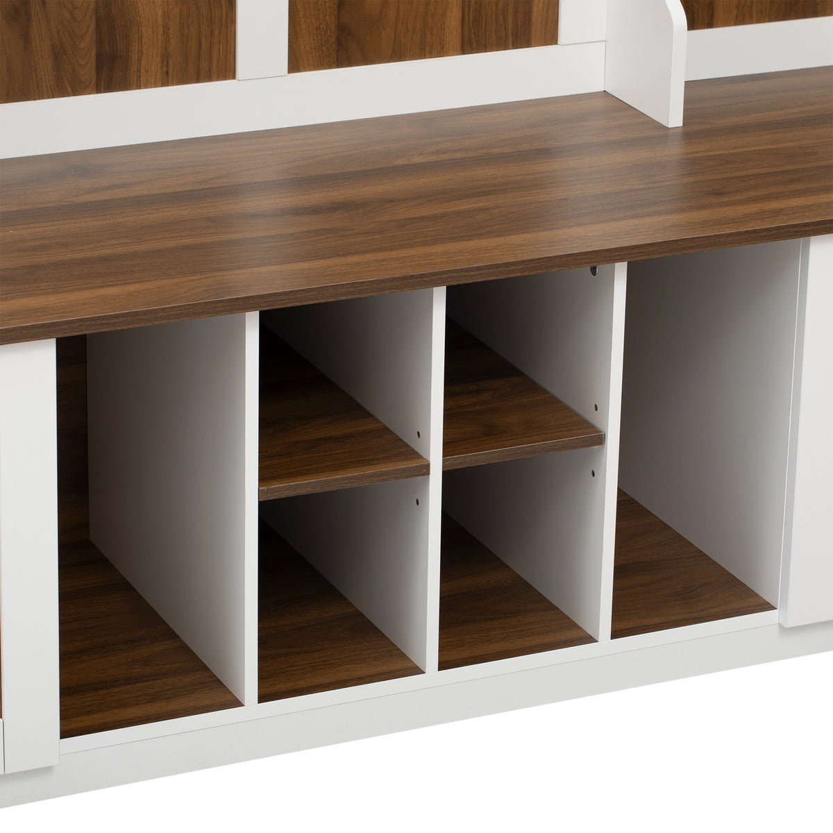 variant-group:rf-n724p235232d|Roomfitters 5-in-1 Entryway Bench with Coat Rack, Hooks, Drawers and Adjustable Shelves, Hall Tree for Hallway or Living Room, Brown+White