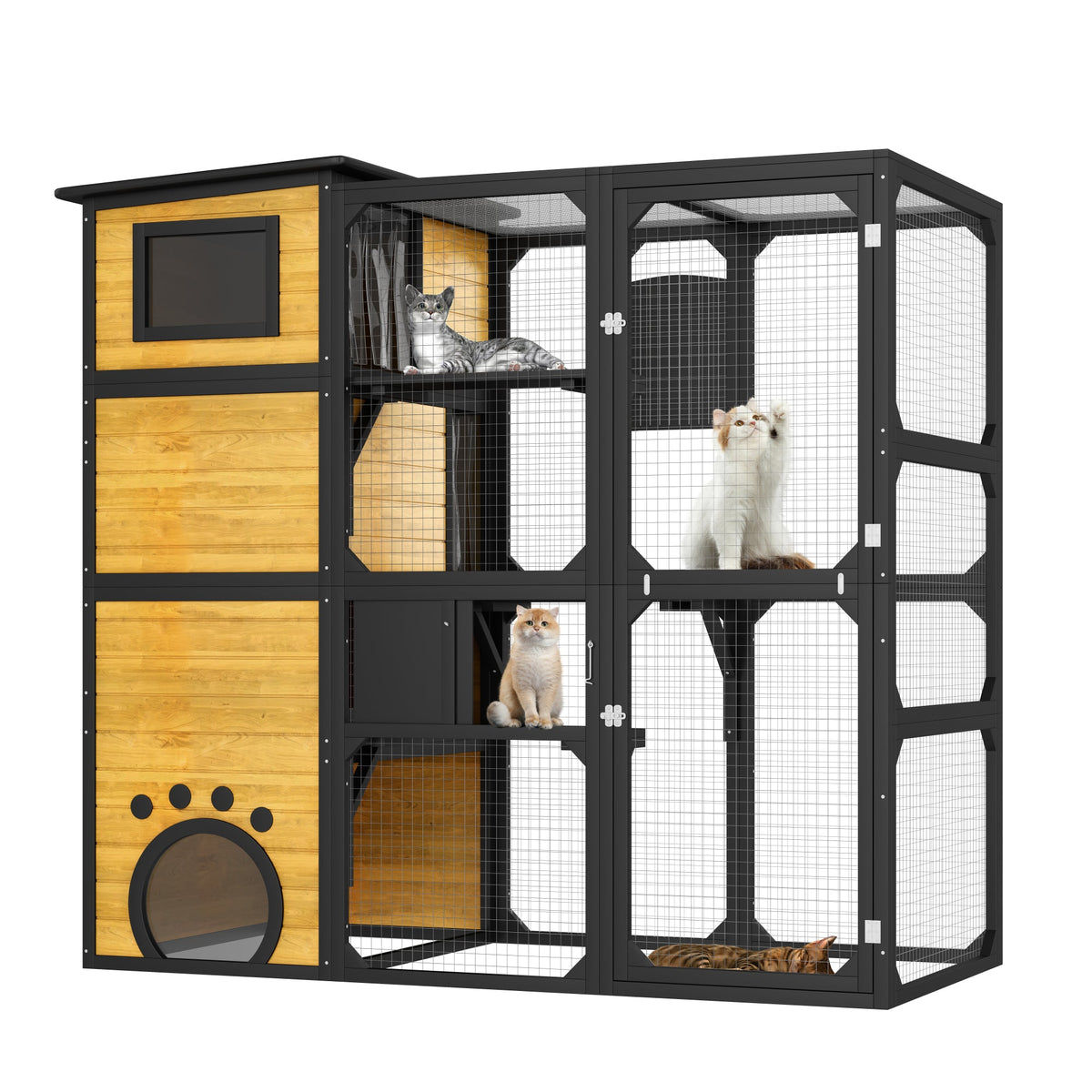 Roomfitters Large Outdoor Cat Catio Enclosure Weatherproof Attached to Window Multi-Tier Cat House Brown Roomfitters