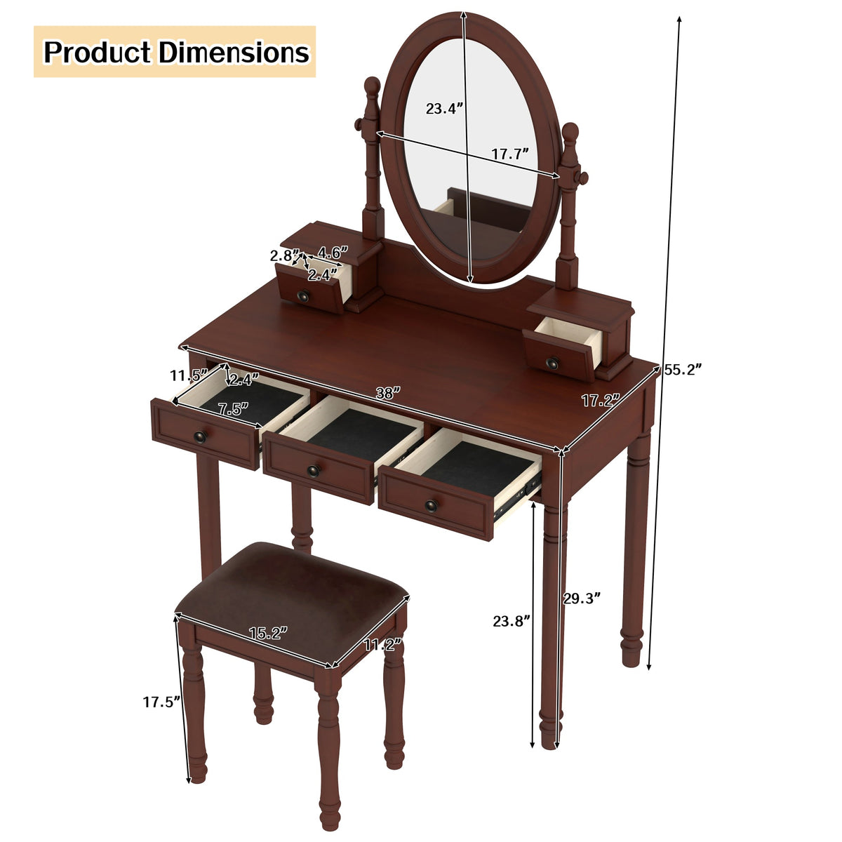 Roomfitters Vintage Vanity Desk with Adjustable Mirror, Makeup Table and Cushioned Stool Set, Wooden Dressing Table with 5 Drawers and Velvet Lining, Walnut