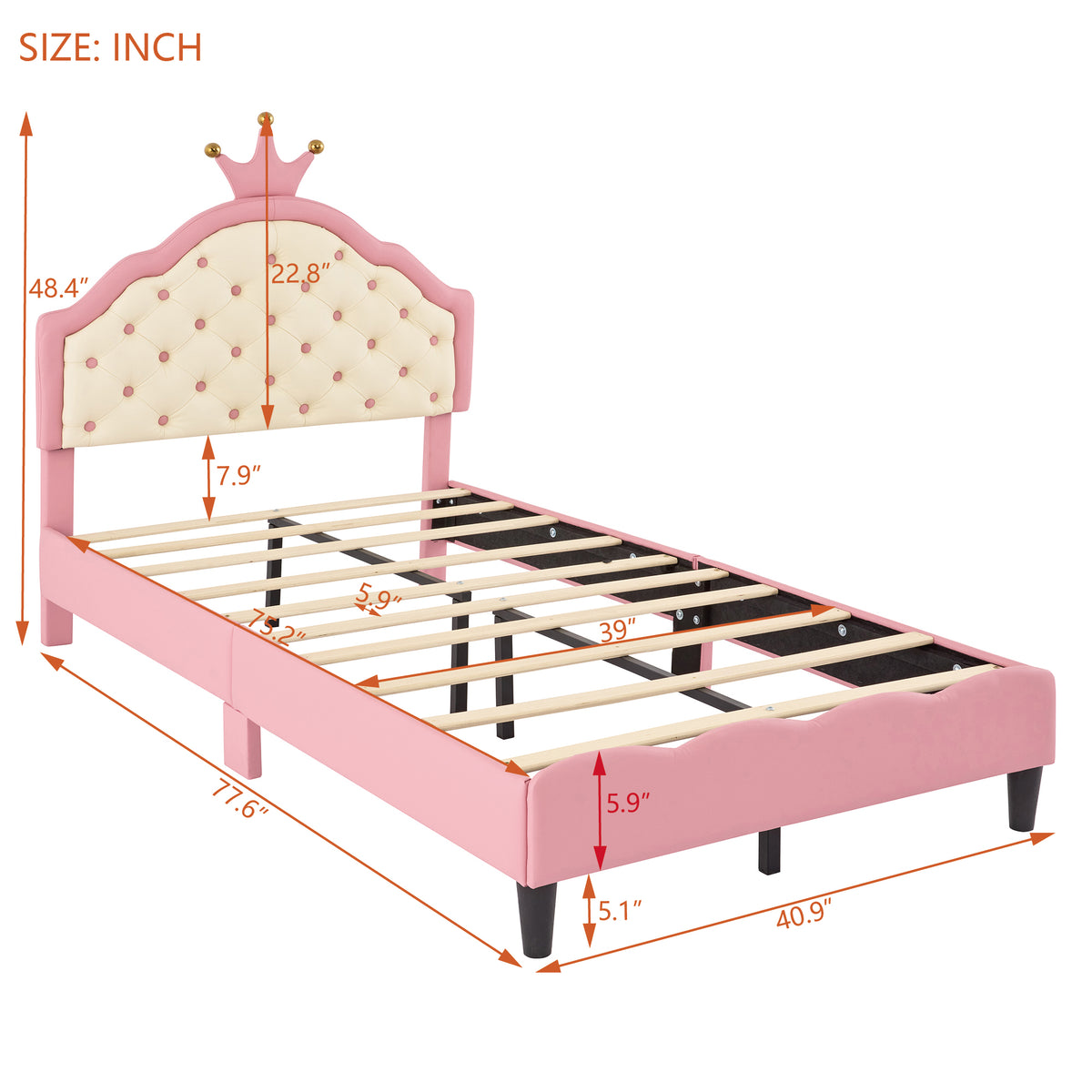 variant-group:rf-n733p198760h|Roomfitters Twin Size Upholstered Princess Bed with Crown Design, Elegant PU Leather Platform Bed with Tufted Headboard for a Stylish Bedroom, Pink + Cream