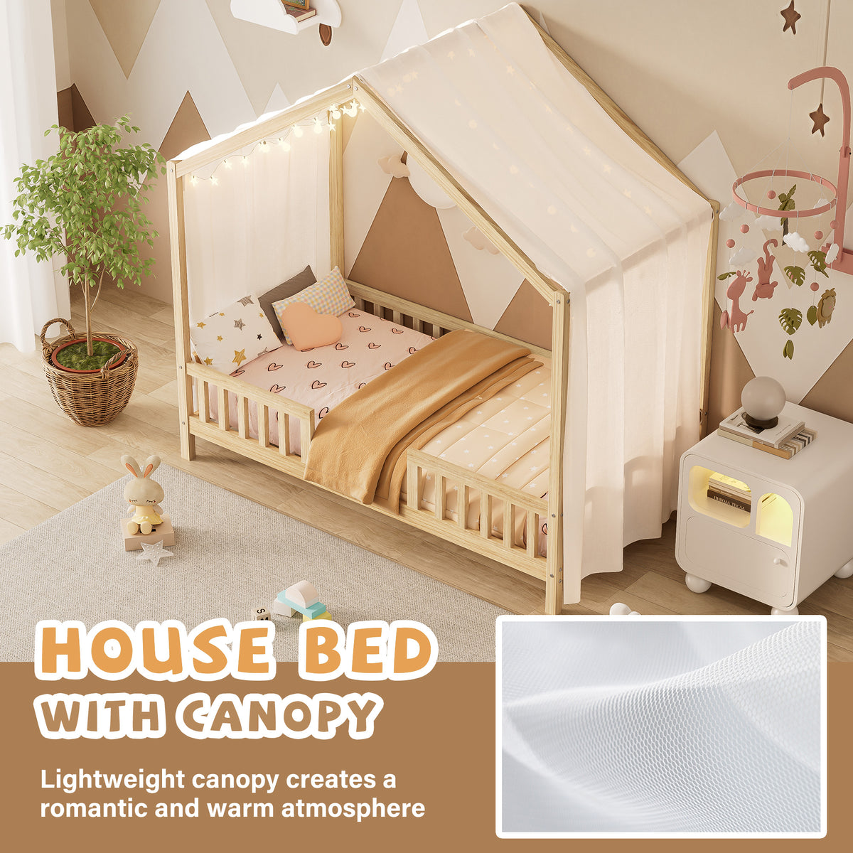 variant-group:rf-n733p356043m|Roomfitters Twin Montessori Floor Bed with Canopy, House Shape Wood Frame with Safety Rails, Youth Platform Bed, Natural