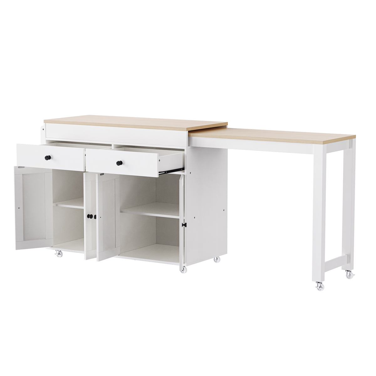 variant-group:rf-n707p333291w|Roomfitters 74.8" Rolling Kitchen Island with Extendable Dining Table, Mobile Cart with 4 Doors, 2 Drawers & Spice Rack, White