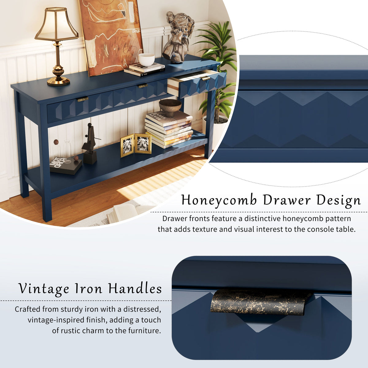 Roomfitters 60'' Entryway Console Table with Storage, Modern Accent Sofa Table with Geometric Front Design, Navy Blue Roomfitters