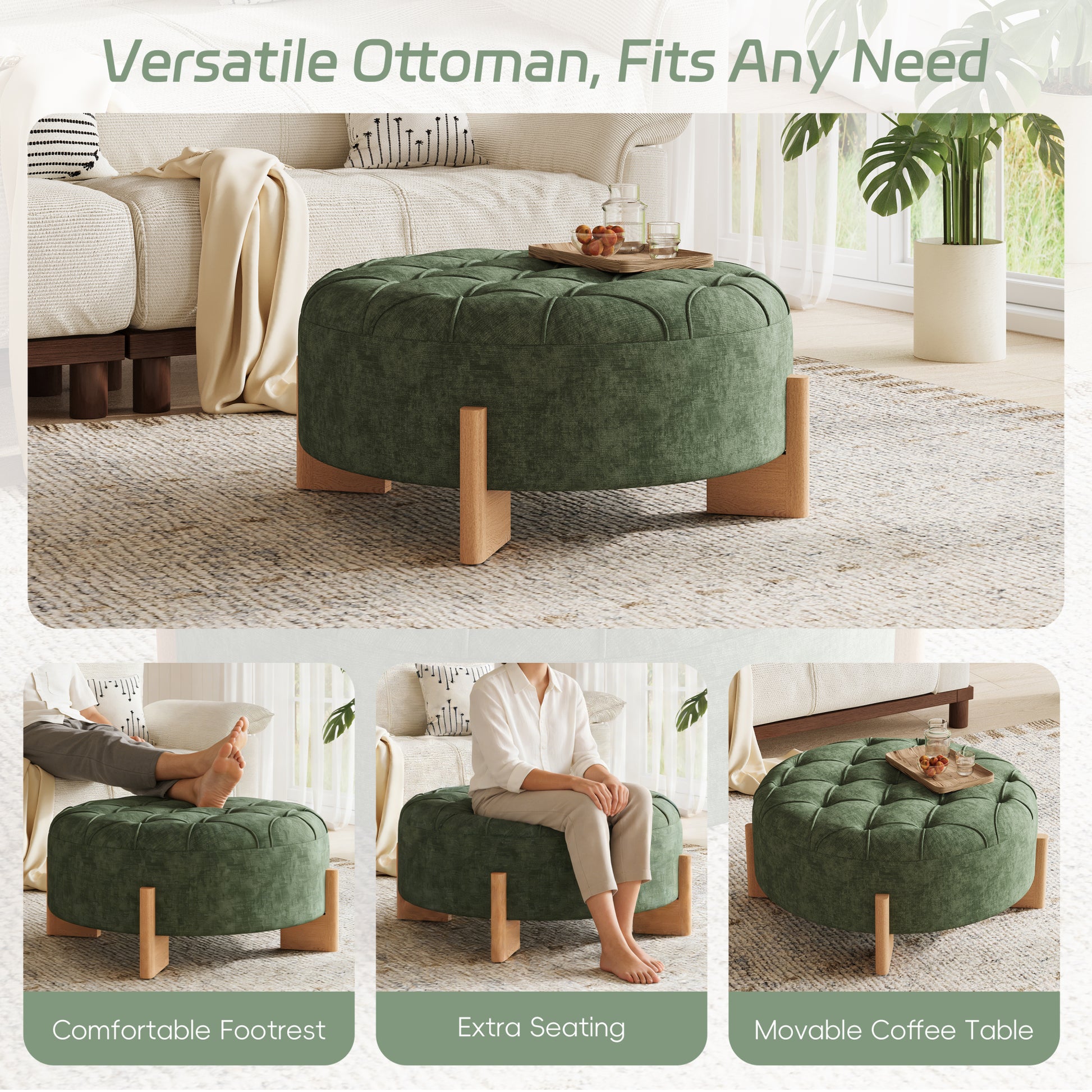 variant-group:rf-n723p405298g|Roomfitters 32 Inch Oversized Round Button-Tufted Ottoman, Upholstered Coffee Table Footrest with Wood Legs, Green