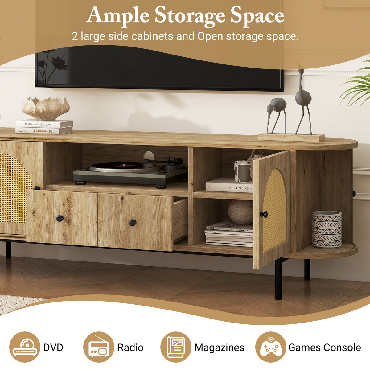 variant-group:rf-n724p437189d|Roomfitters American Style TV Stand with Rattan Arched Doors, Steel Legs, Burly Wood