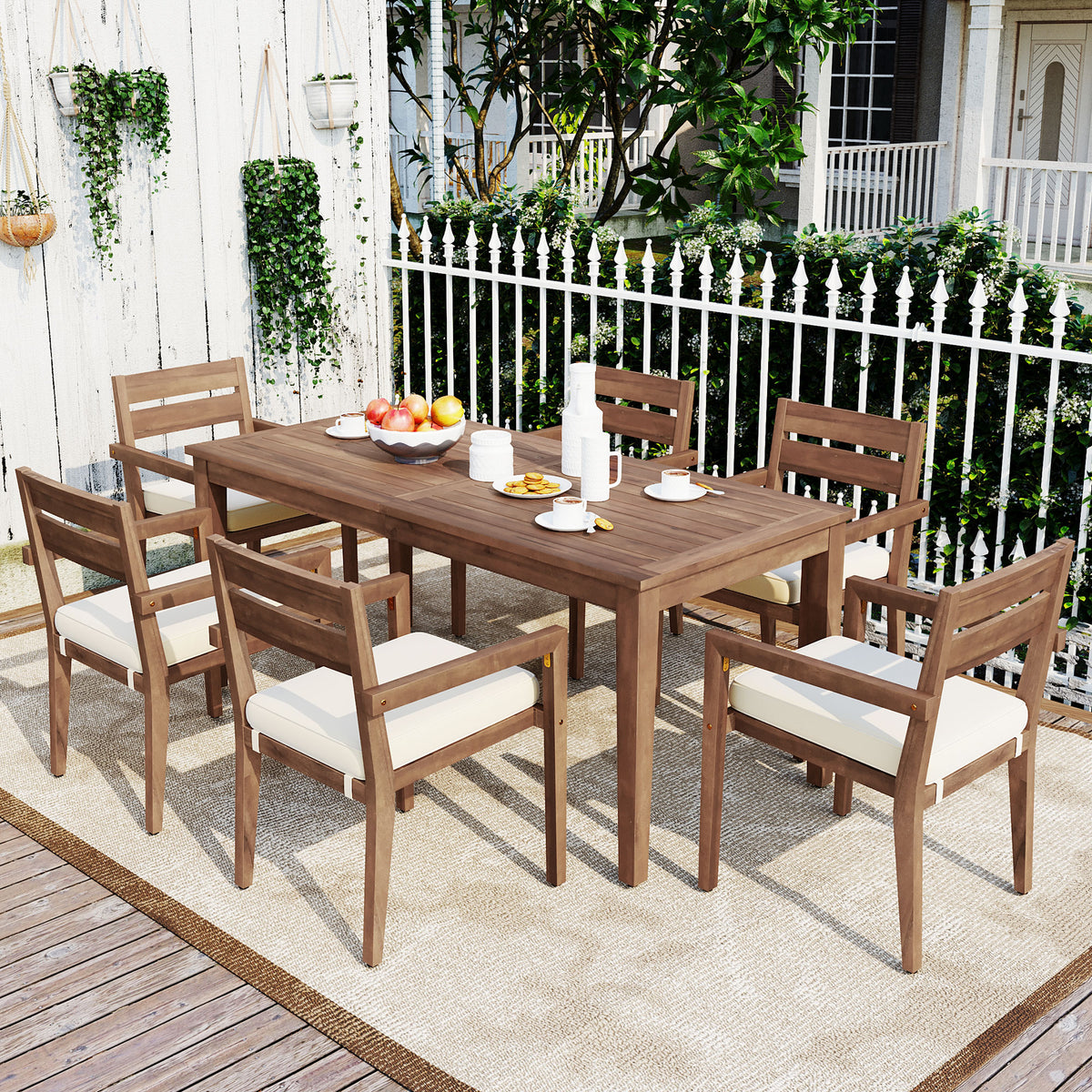 variant-group:rf-n711wy000459aad|Roomfitters 7-Piece Acacia Wood Outdoor Dining Set with Cushions, 6 Armchairs and Rectangular Table for Patio Garden, Burly Wood