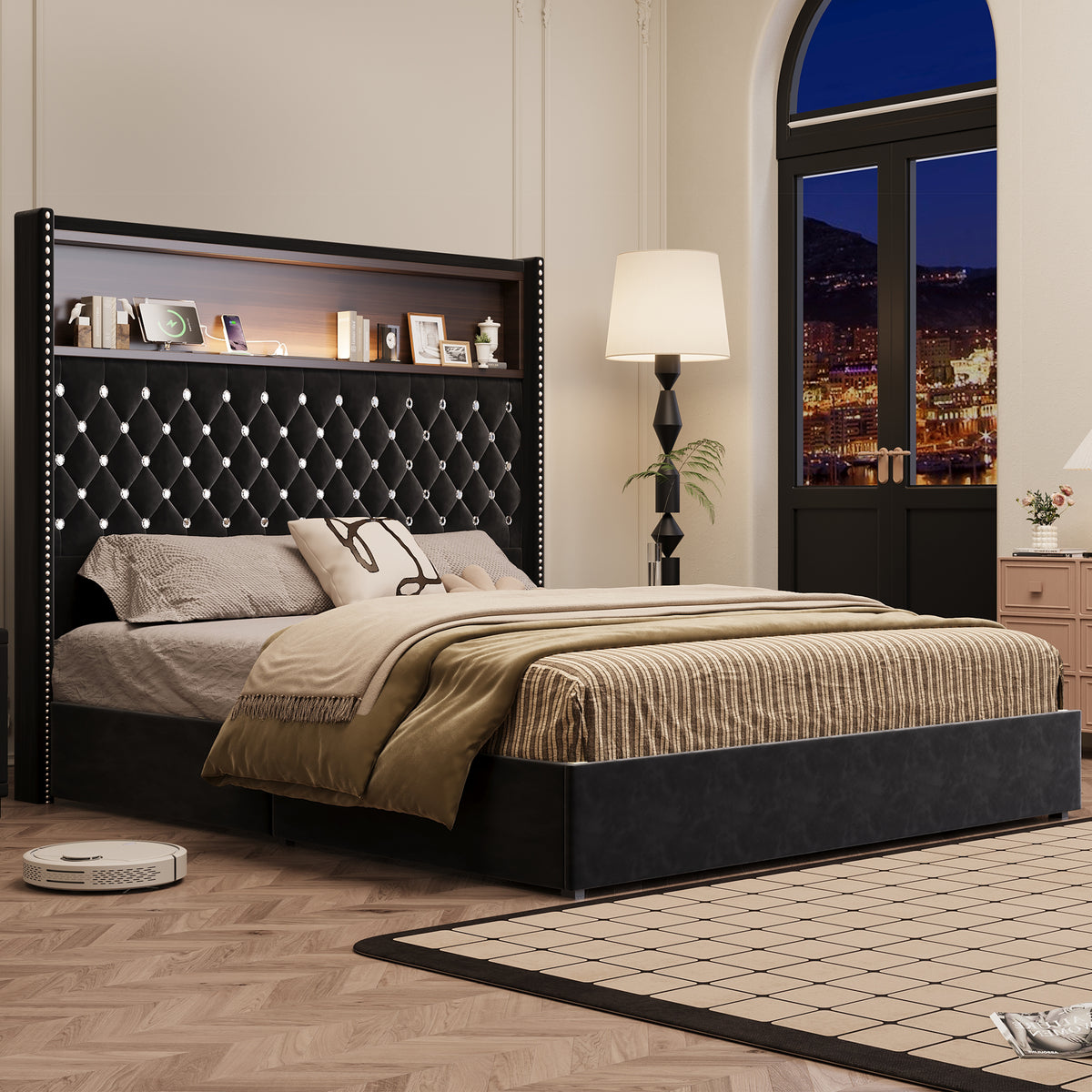 variant-group:rf-n733p367135b|Roomfitters Queen Velvet Tufted Platform Bed with Charging Ports, Tall Wingback Headboard with Rivet Trim and Shelf, Black