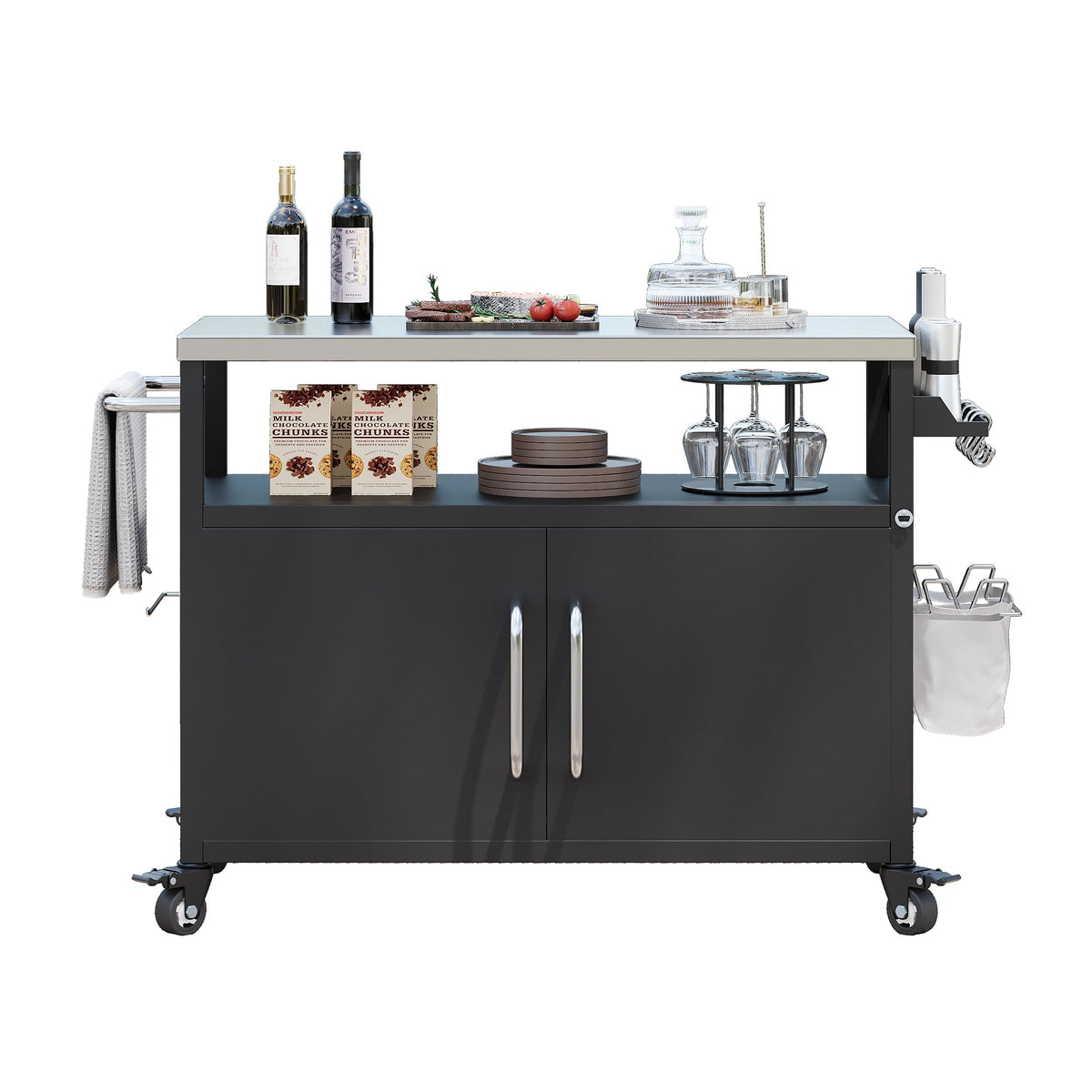 Roomfitters 54.5" Outdoor Kitchen Island with Stainless Steel Top, Rolling Grill Prep Cart with Propane Tank Storage, Black