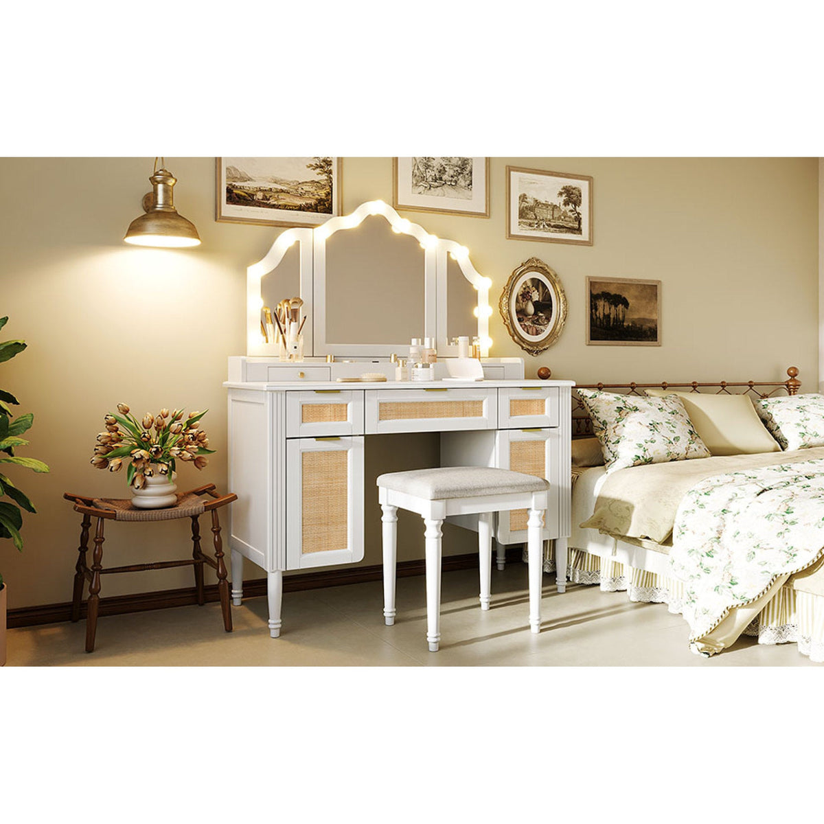 Roomfitters 44.37" Makeup Vanity with Lighted Tri-fold Mirror, French Vintage Rattan Dressing Table, Drawers and Stool, White Roomfitters