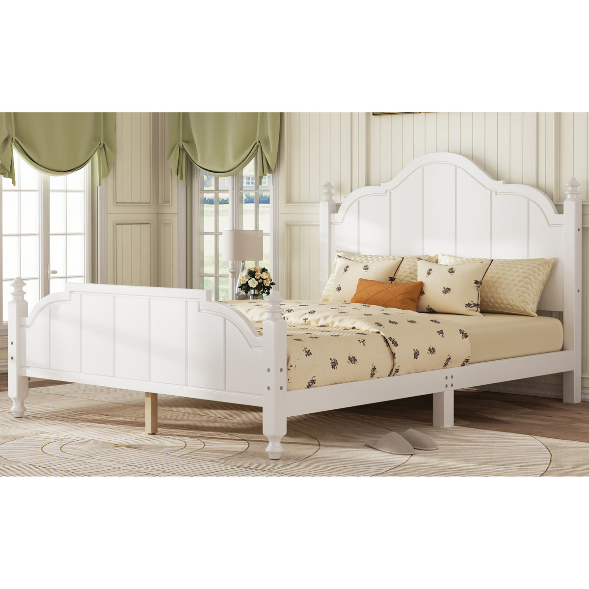variant-group:rf-n733p360940k|Roomfitters Queen Wood Platform Bed Frame with Curved Headboard, Vintage Style Slat Support, No Box Spring Required, White