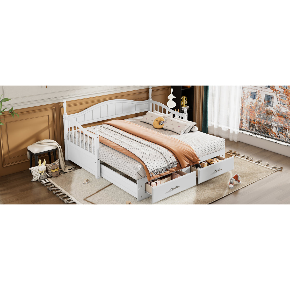 variant-group:rf-n733s173459k|Roomfitters Wooden Twin Size Daybed with Extendable Frame, Twin Trundle and Additional Storage Drawers, White