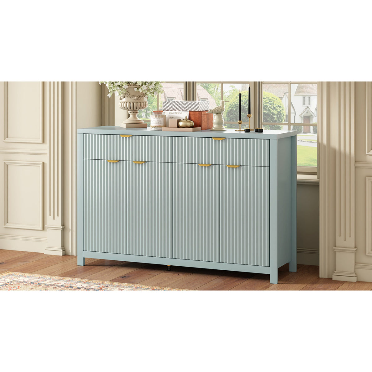 Roomfitters Sideboard Buffet Cabinet with 2 Drawers, 4 Door Mid-century Modern Fluted Storage for Kitchen & Dining Room, Cyan Roomfitters