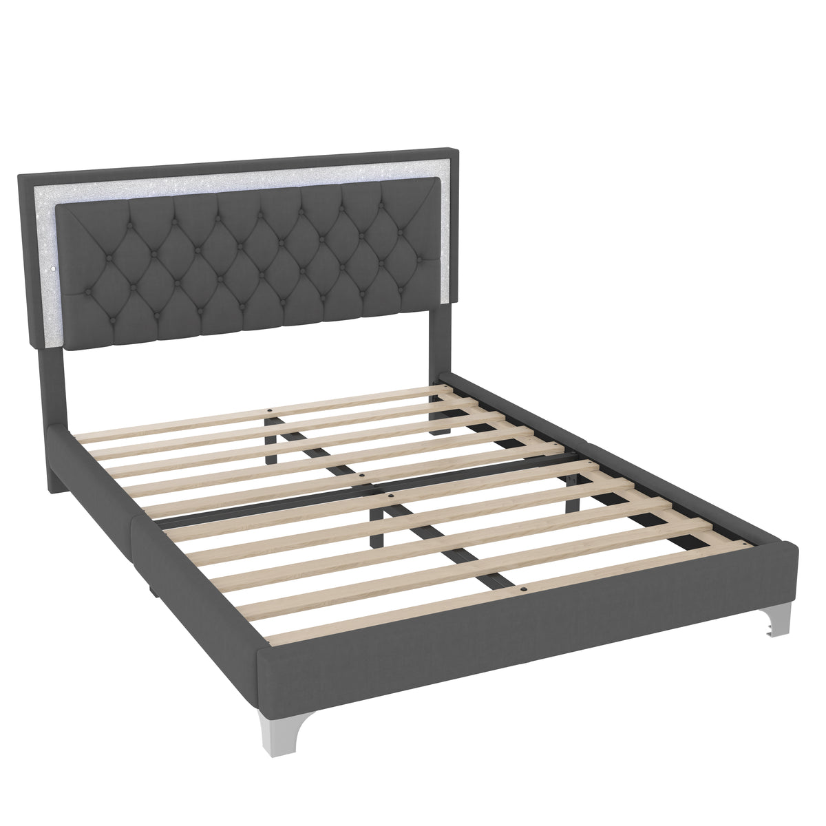 variant-group:rf-n733p183657e|Roomfitters Modern Velvet Queen Platform Bed with Tufted Headboard and Built-In Lighting, Gray